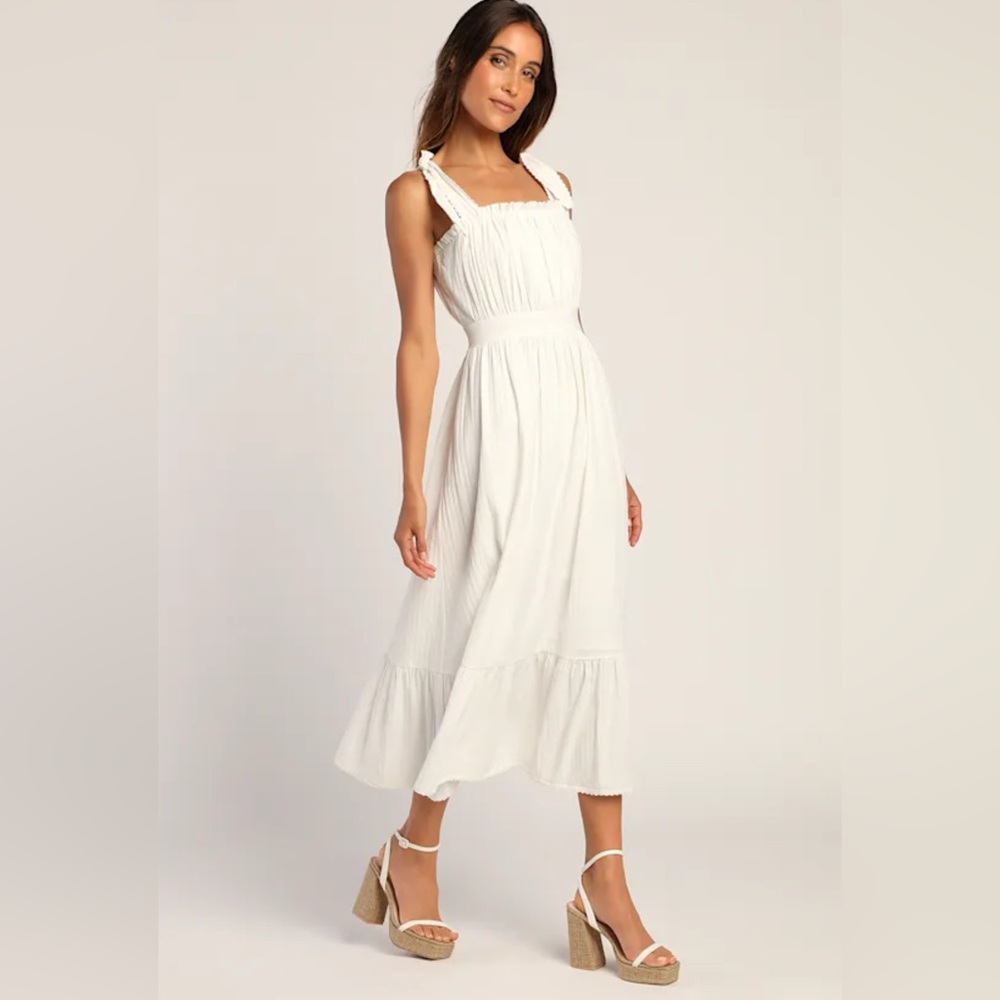 Lulus Flirting In Florence White Striped Tie-Strap Midi Dress NWT